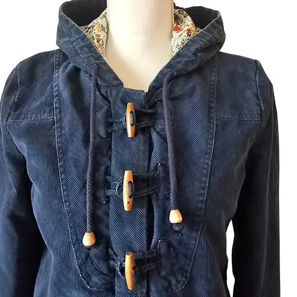 Roxy Navy Corduroy Toggle Jacket Women’s Floral Lined Hooded Coat Large - Picture 2 of 9